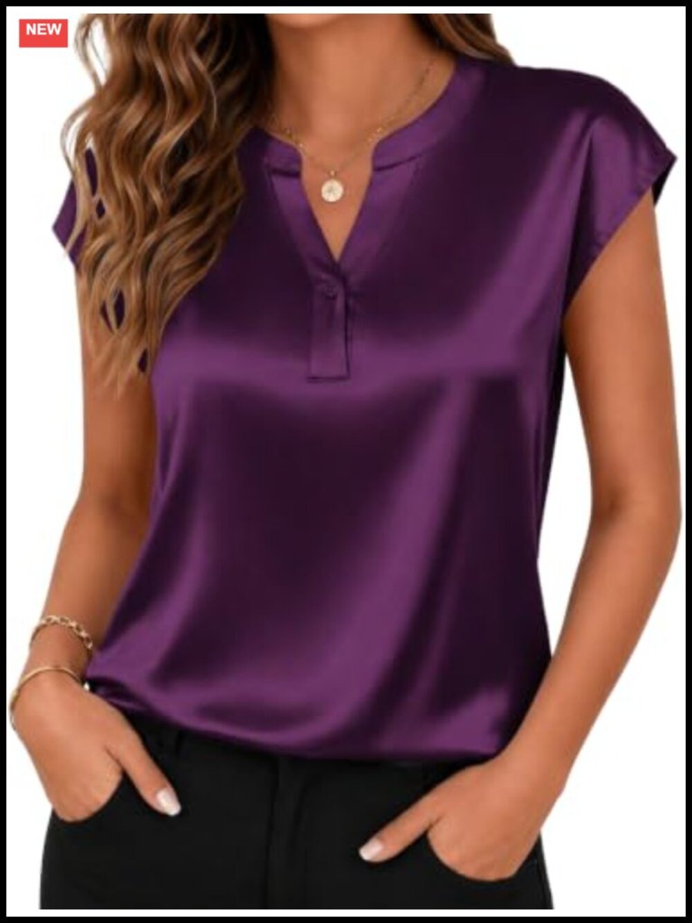 Satin Blouse V Neck Cap Sleeve Business Casual Top